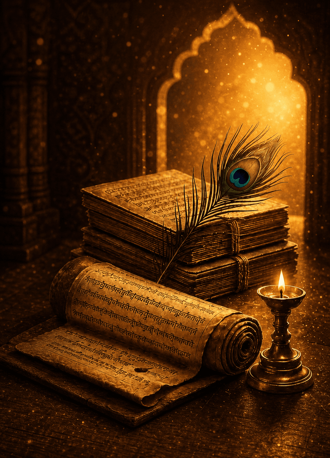 Aged Sanskrit palm-leaf manuscripts and an unrolled Devanāgarī scroll with a peacock feather and a lit brass diya, before an ornate temple arch