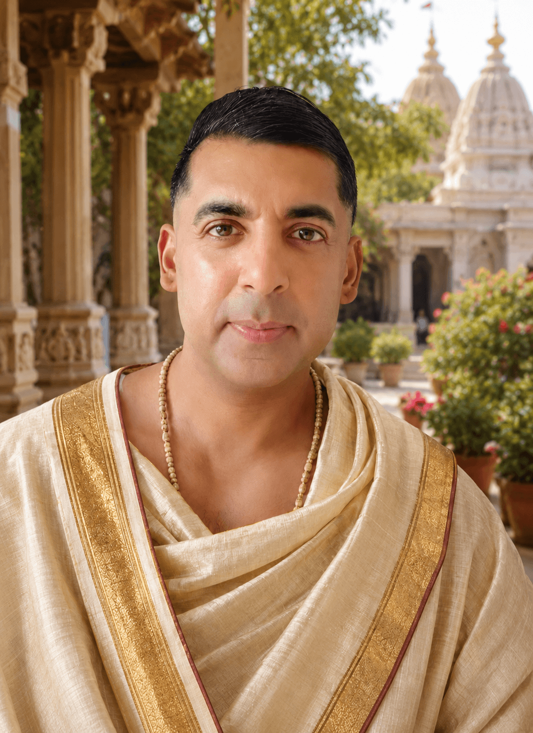 Suri Shandilya in traditional cream and gold dress, standing in a temple garden