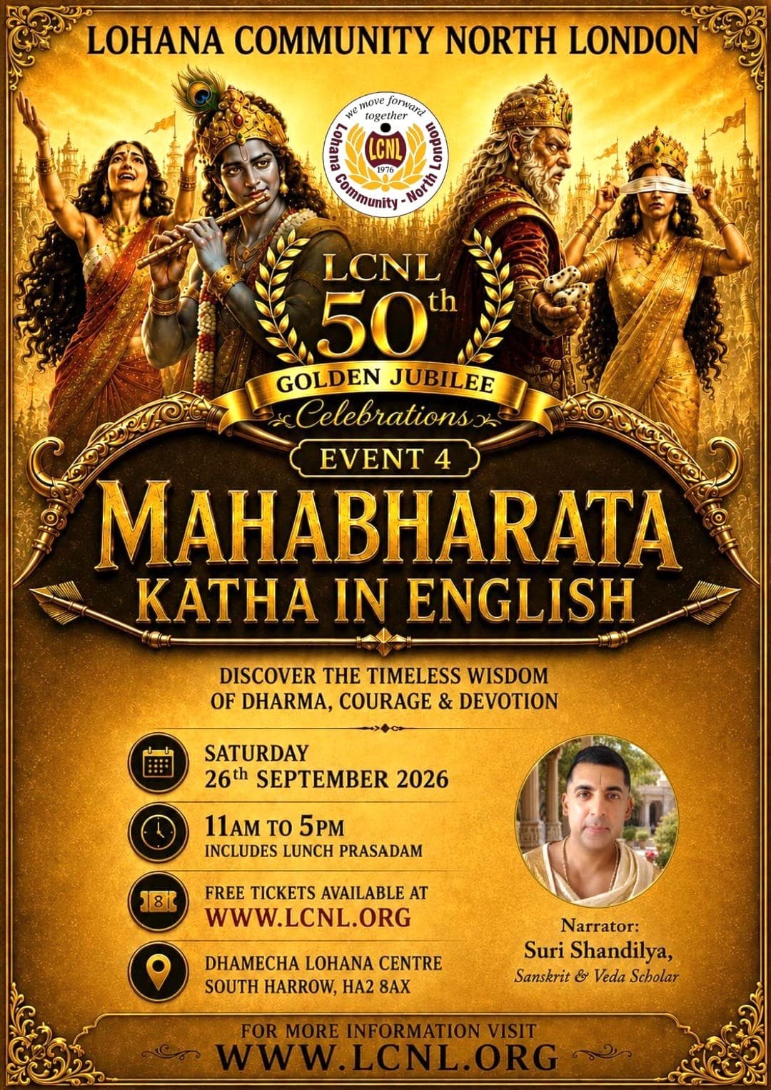 Mahābhārata Kathā in English — LCNL Golden Jubilee Event 4, Saturday 26 September 2026, Dhamecha Lohana Centre, South Harrow HA2 8AX